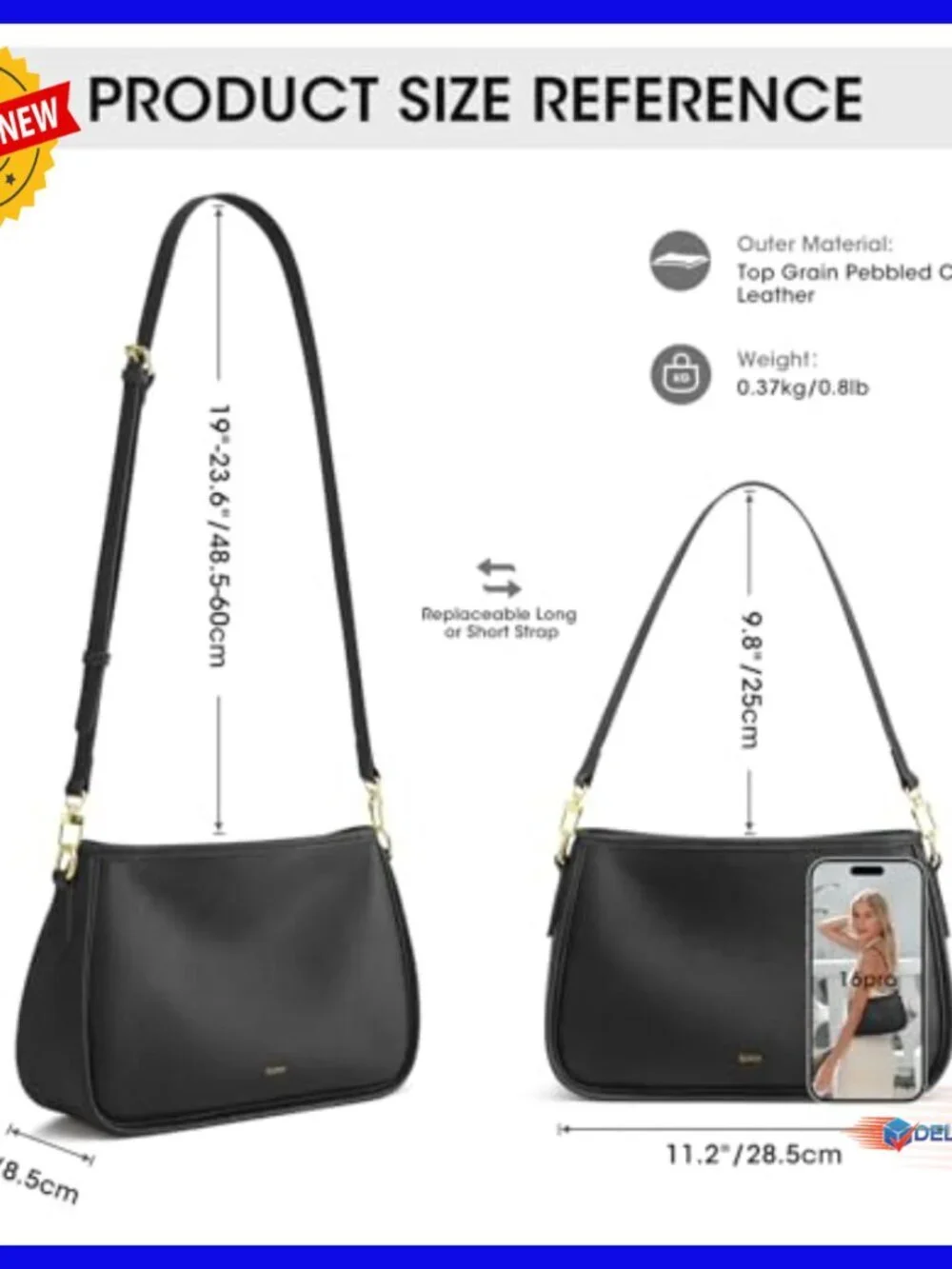 Medium Leather Hobo Crossbody Bag with 2 Removable Straps, Adjustable